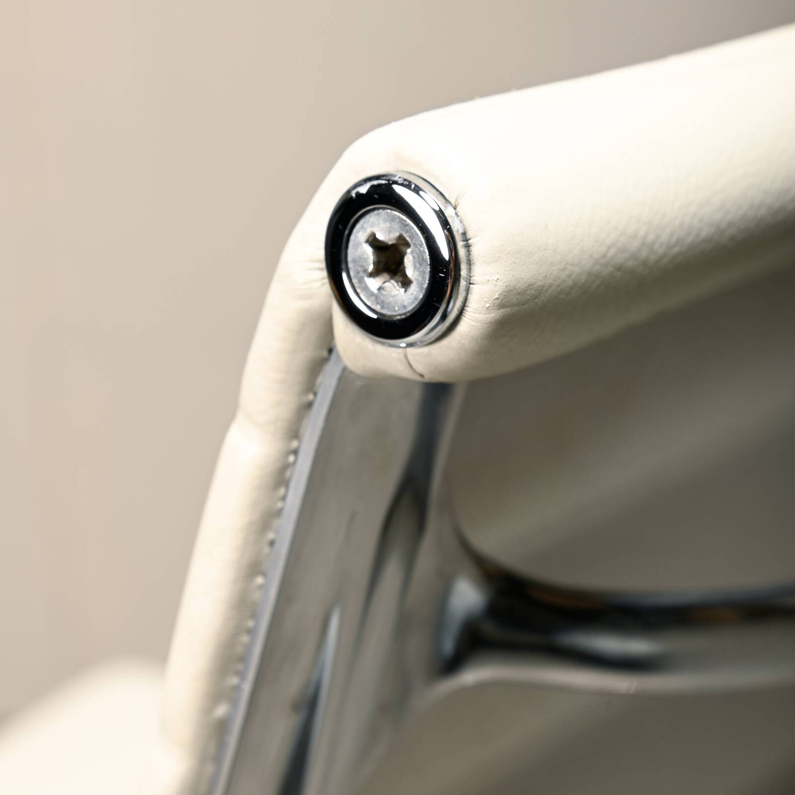Charles & Ray Eames EA108 Dining Chair in Polished Aluminum and White leath