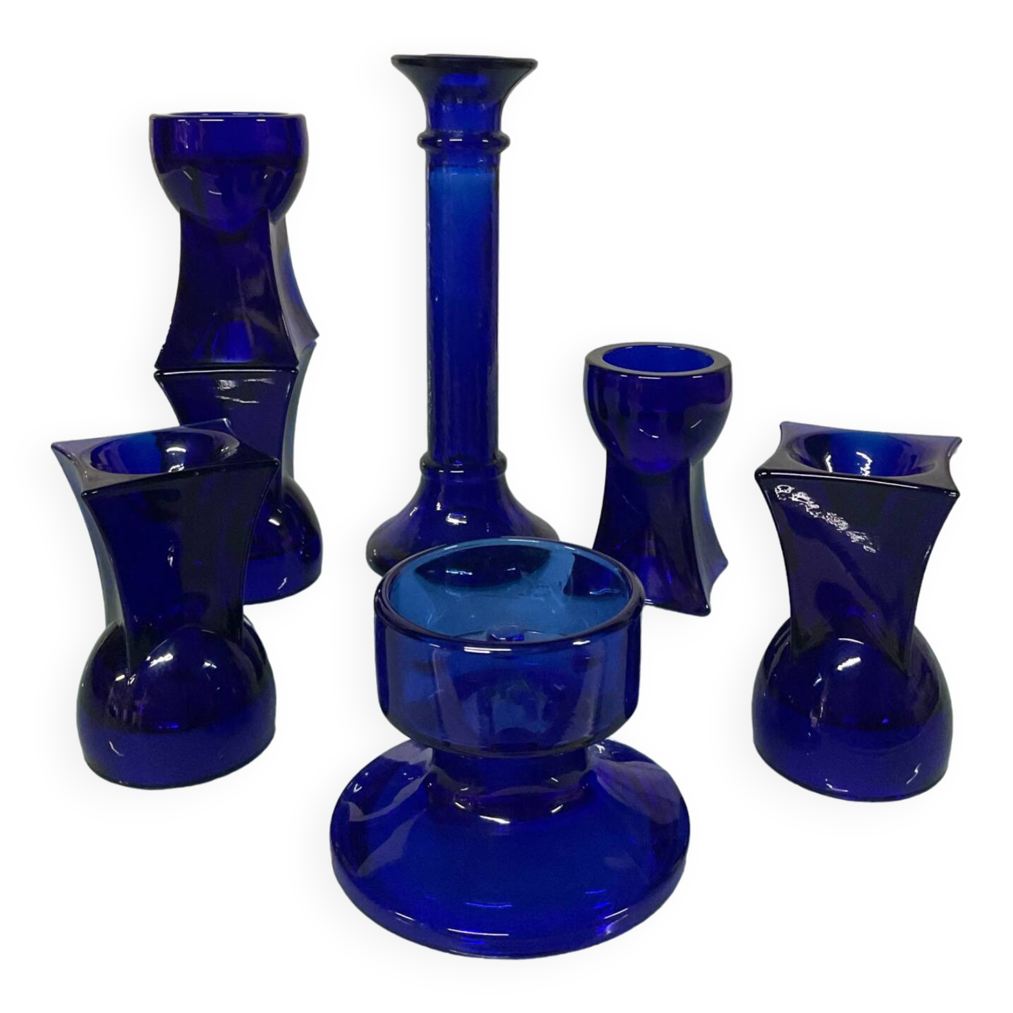 Set of 7 vintage cobalt blue glass footed candlesticks