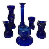 Set of 7 vintage cobalt blue glass footed candlesticks