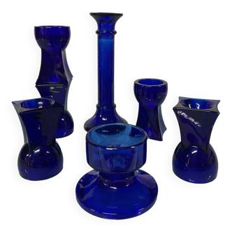Set of 7 vintage cobalt blue glass footed candlesticks