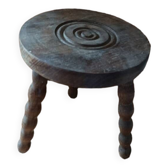 Tabouret bois massif pieds tripode patiné dpmc 0923224