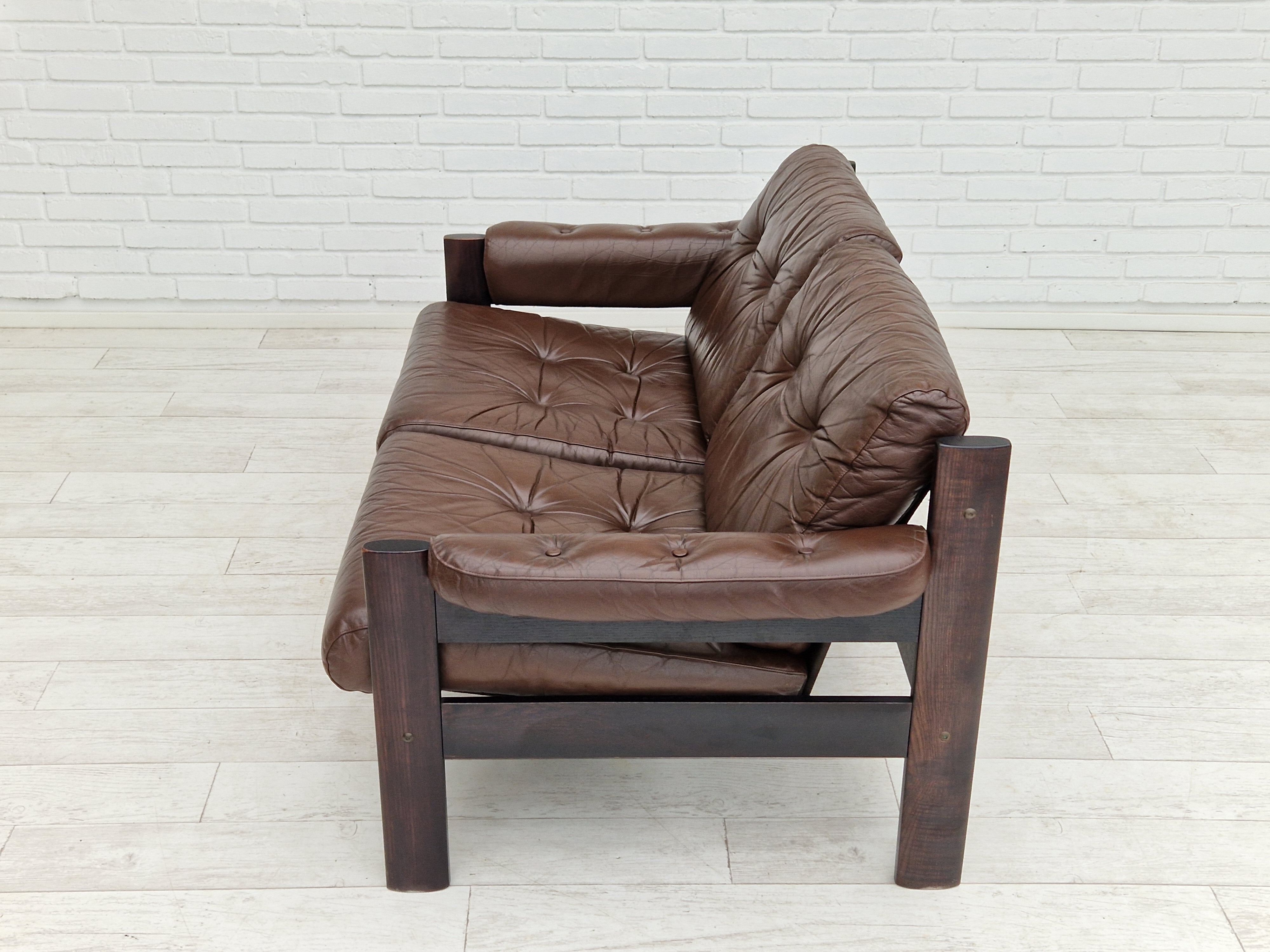 Scandinavian 2-seater sofa, original brown leather, 70s