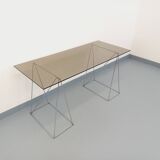 Bureau en verre fumé et métal chromé, années 70