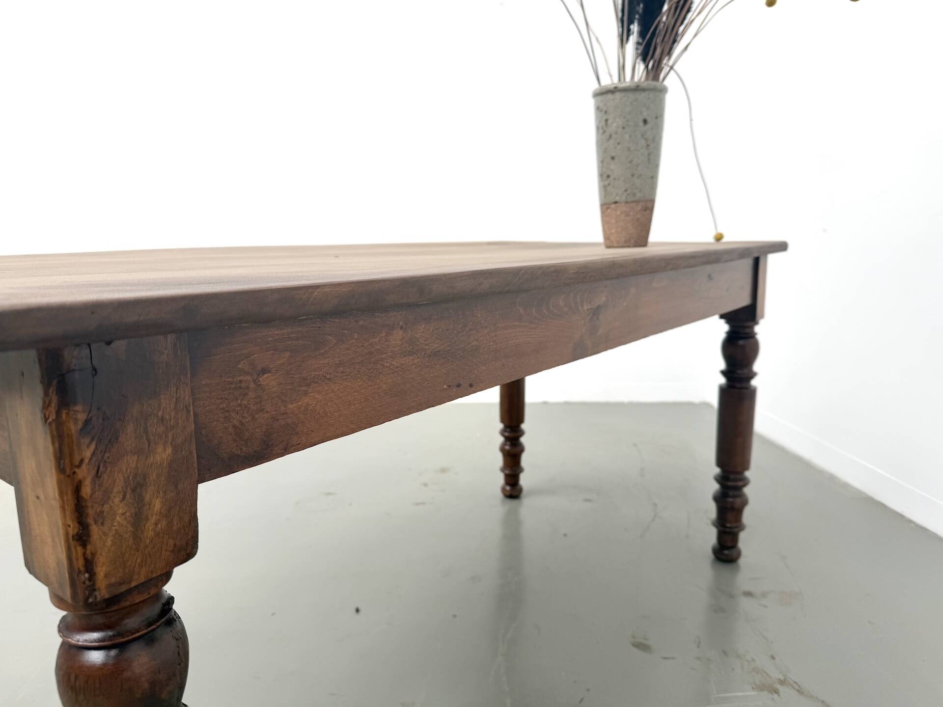 Farm table in solid cherry wood, turned legs, France, around 1900.