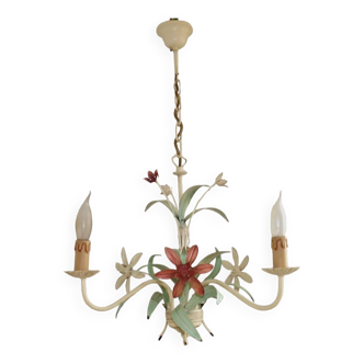 Vintage French 3 Light Toleware Tied Bouquet Chandelier Flowers & Leaves 4732