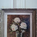 Oil on hardboard "Still life with bouquet of roses in a vase" anonymous Montparnasse frame