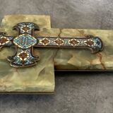 Wall cross with a holy water font in enamel and onyx, 19th century.