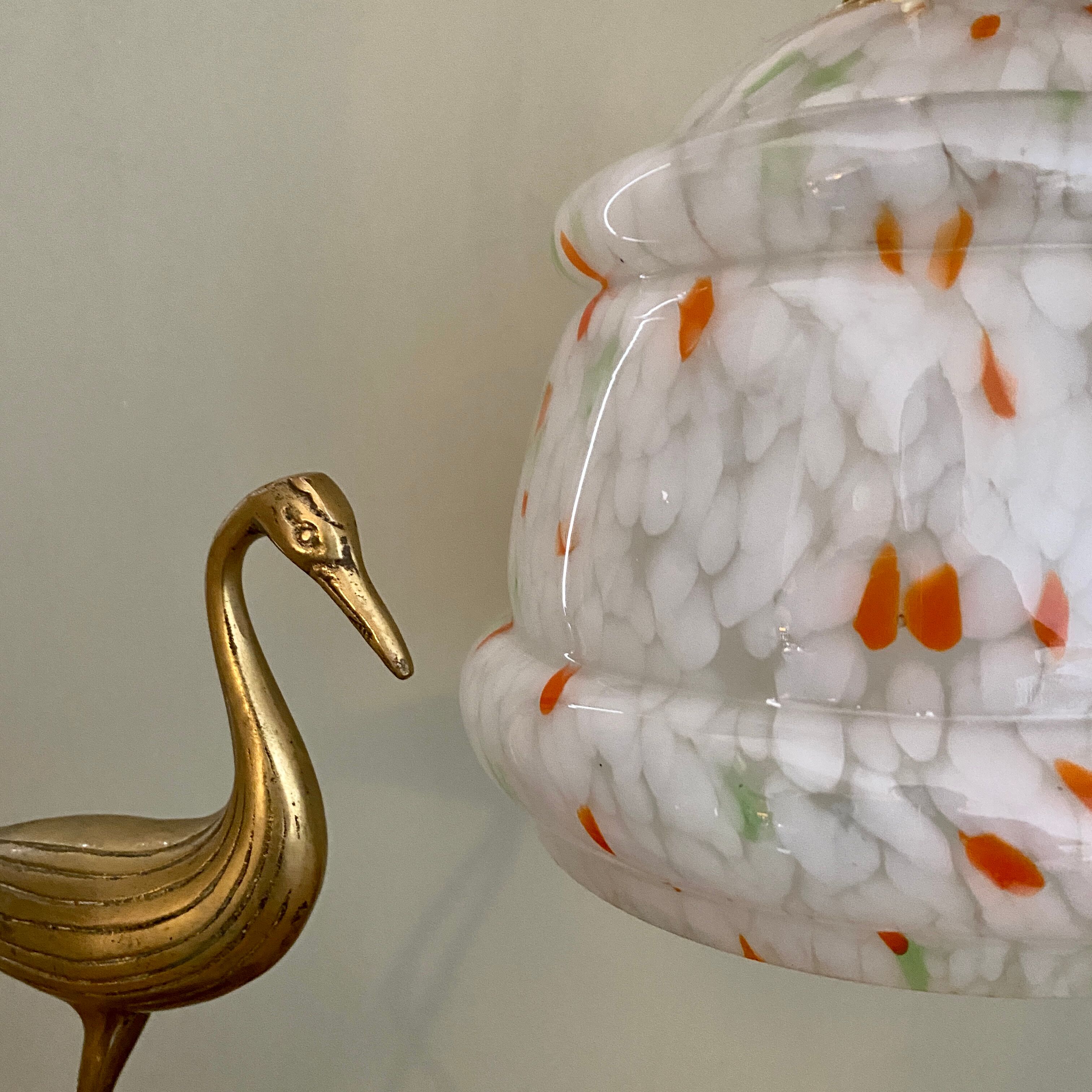 Vintage Clichy glass globe pendant lamp white orange and green