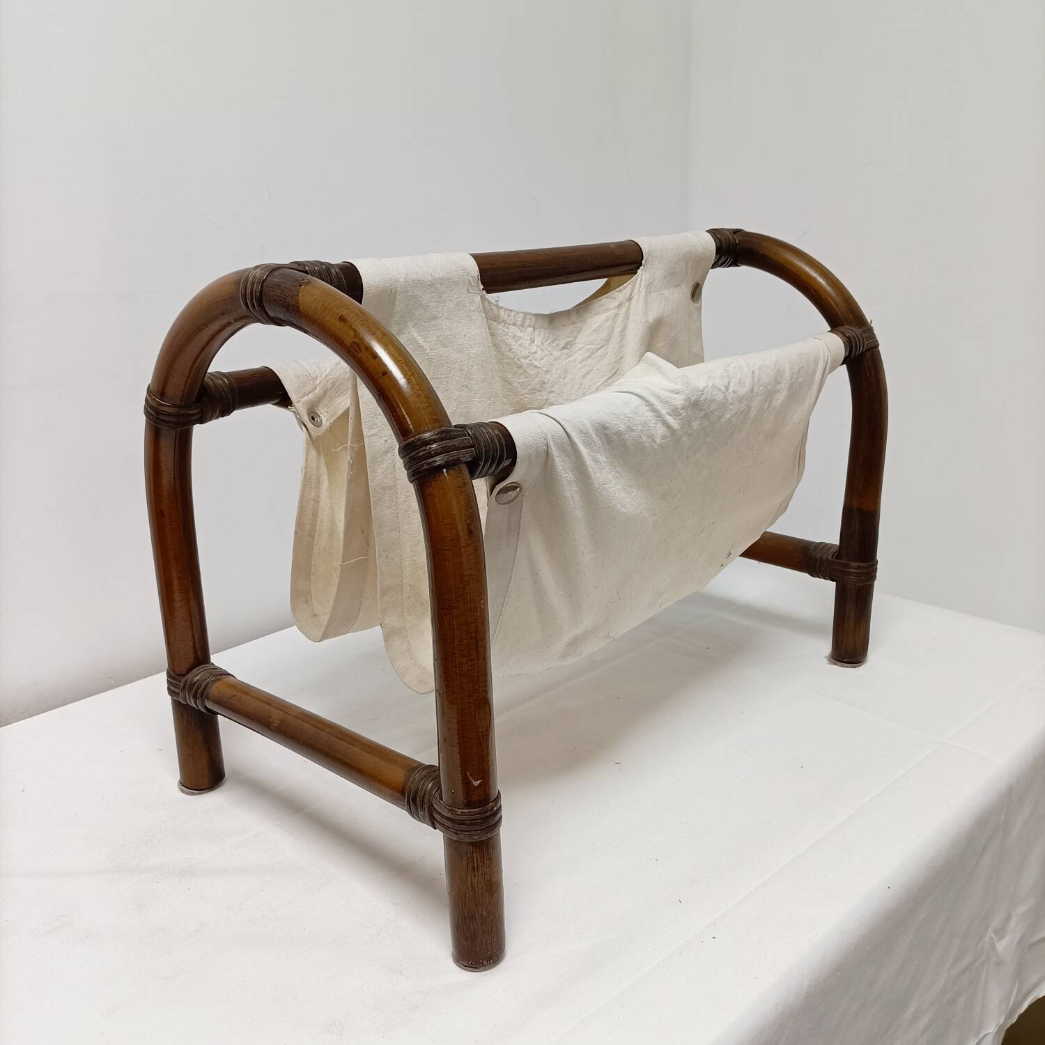 Bamboo and fabric magazine rack - vintage 70s bohemian rattan style