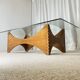 Sculptural coffee table in mahogany and glass – Europe, 1970s