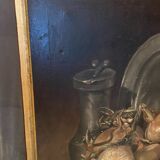 Oil painting on canvas signed J. Fleury-Bin Still Life with pewter and onions
