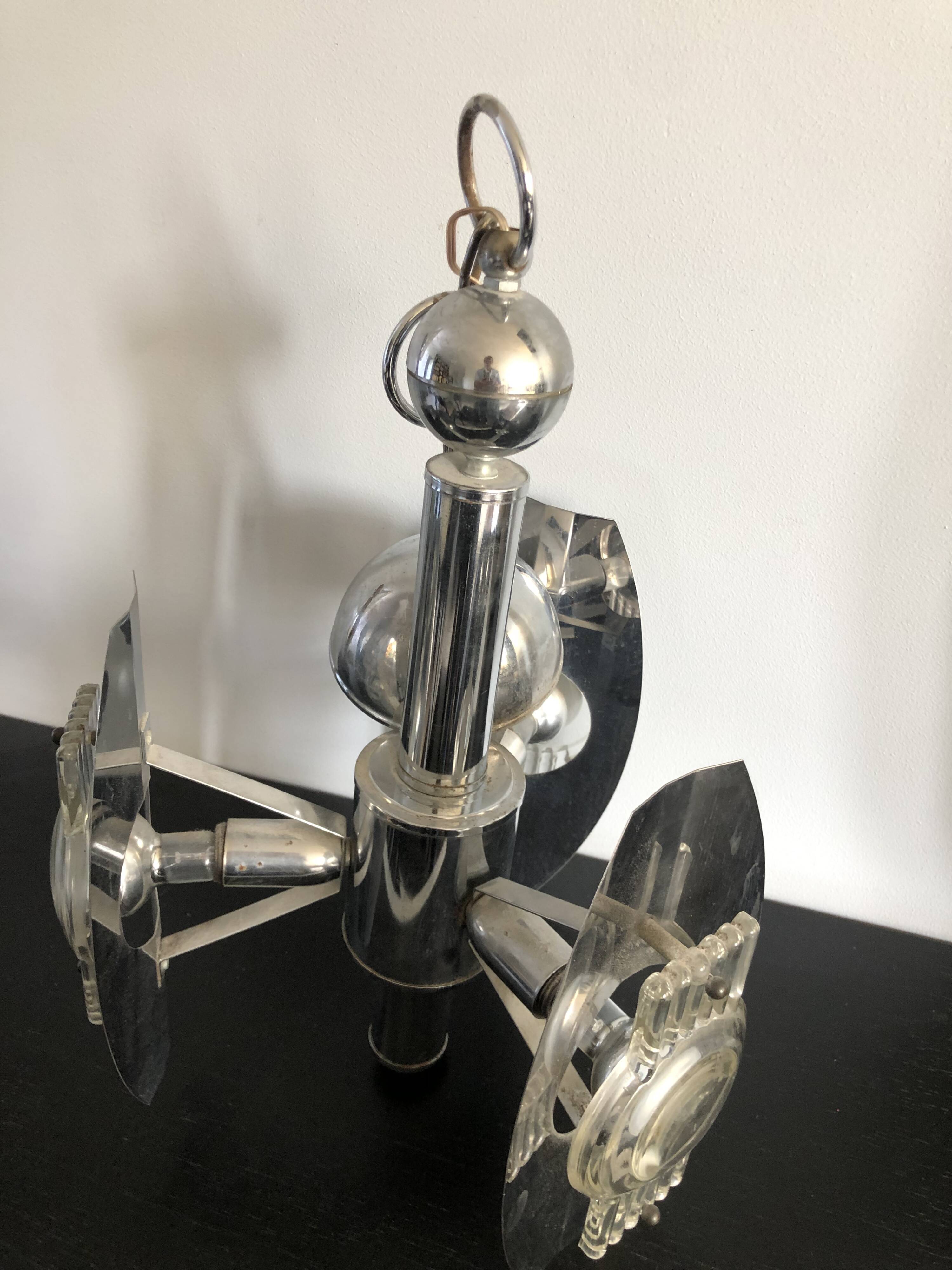 Vintage chandelier in stainless steel and molded glass – Space Age design, 1970s