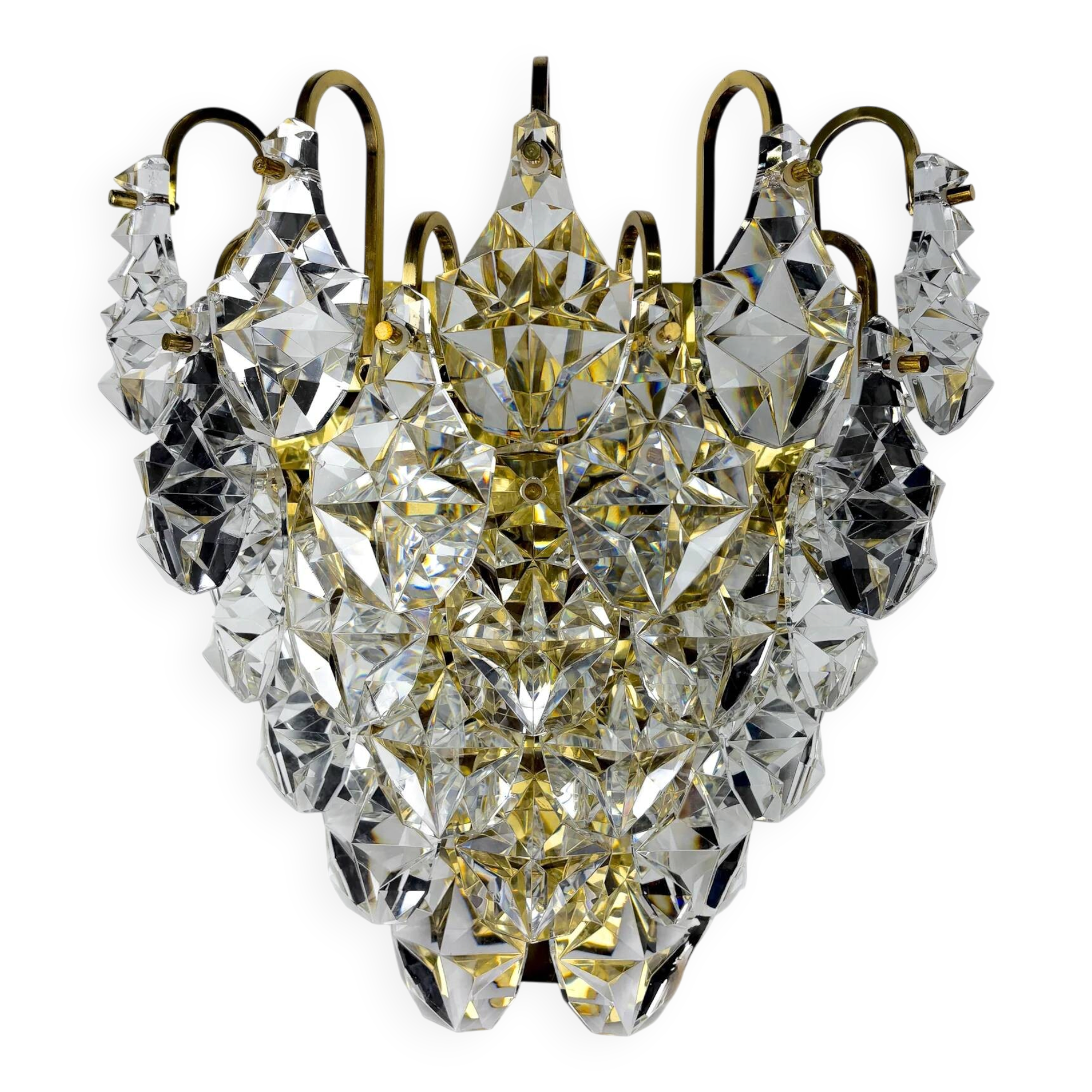 Kinkeldey XL 5-tier cut crystal wall sconce, gilt brass, Germany, 1970s