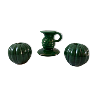 Trio de bougeoirs verts en barbotine