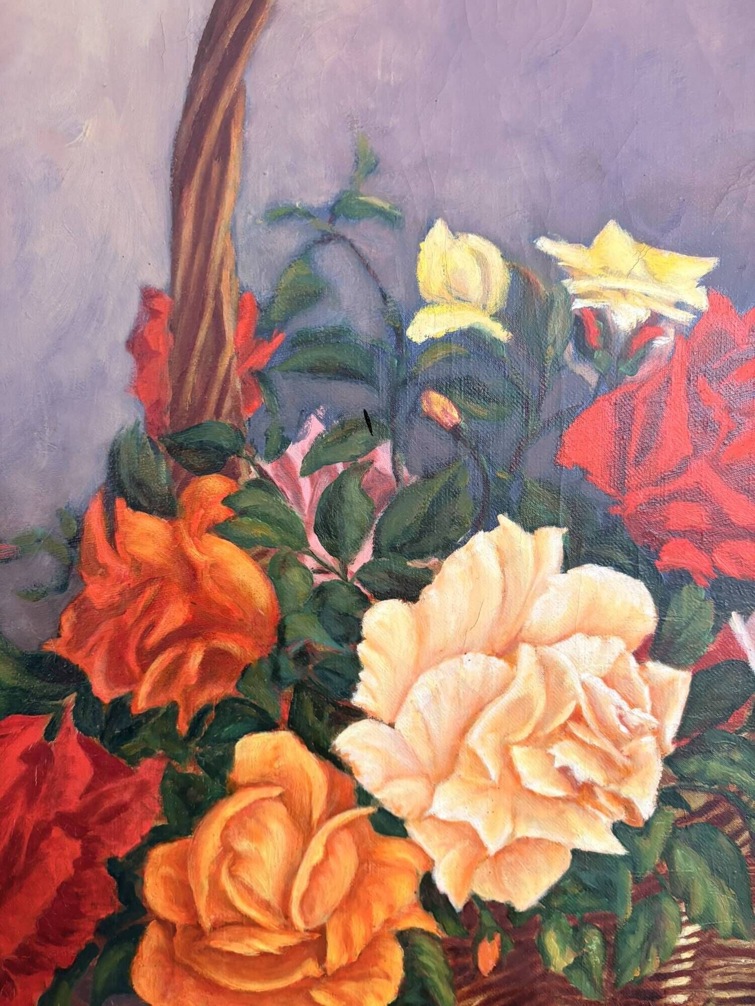 Old Oil Painting Canvas Still Life Rose Flowers Bouquet Signed