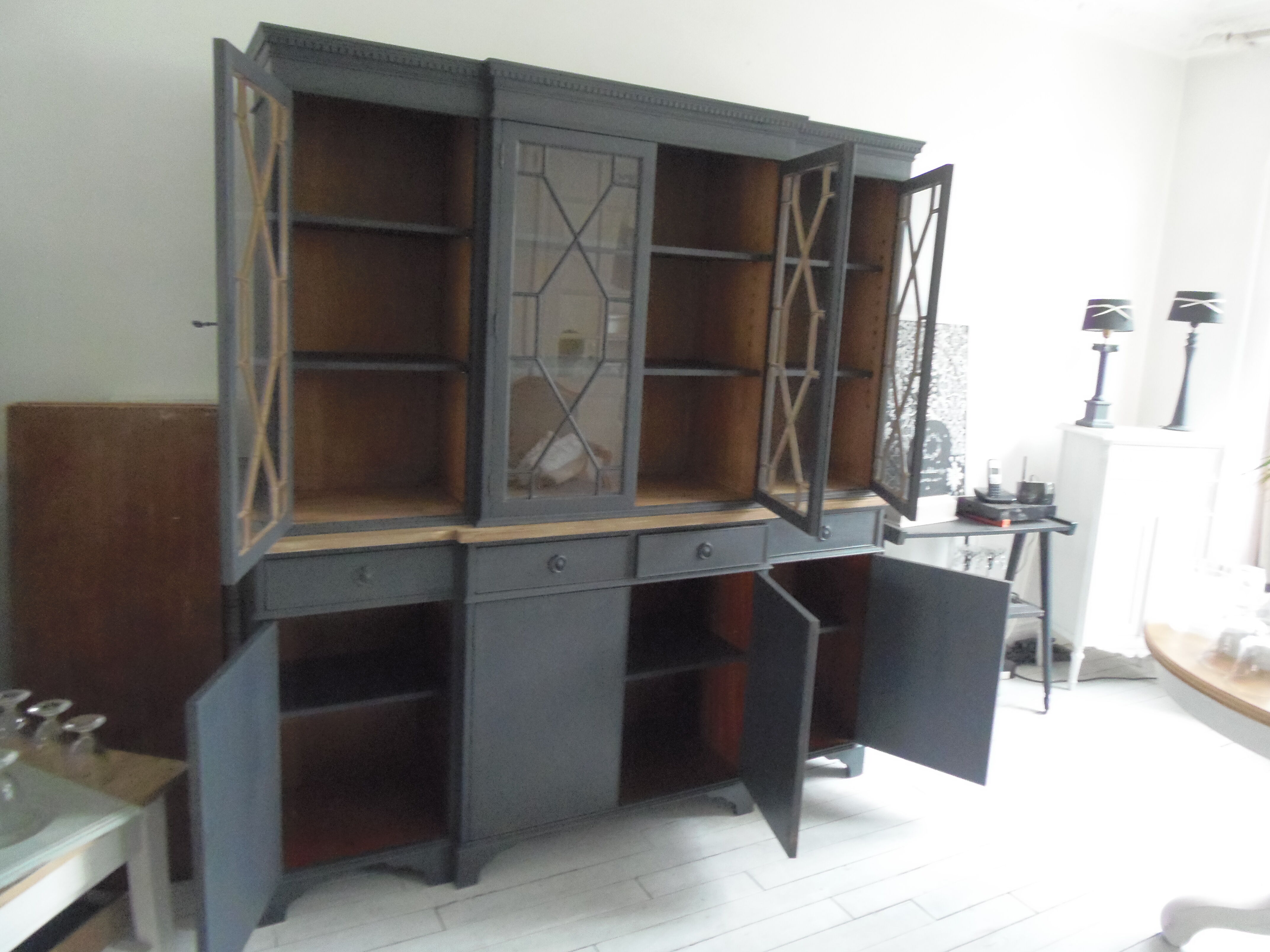 Slate grey china cabinet with wood interior
