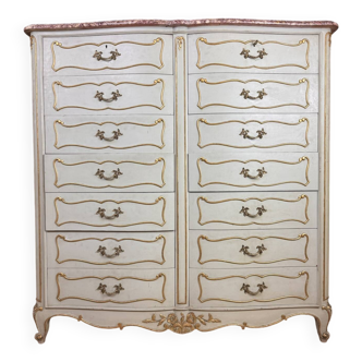 Louis XV style double row crossbow chest of drawers in lacquered and gilded wood circa 1900
