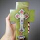 Vintage wall-mounted holy water font in onyx and cloisonné enamel, Italy, 1960s-1970s.