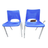 Pair of blue child chairs vintage school office plastic 70s