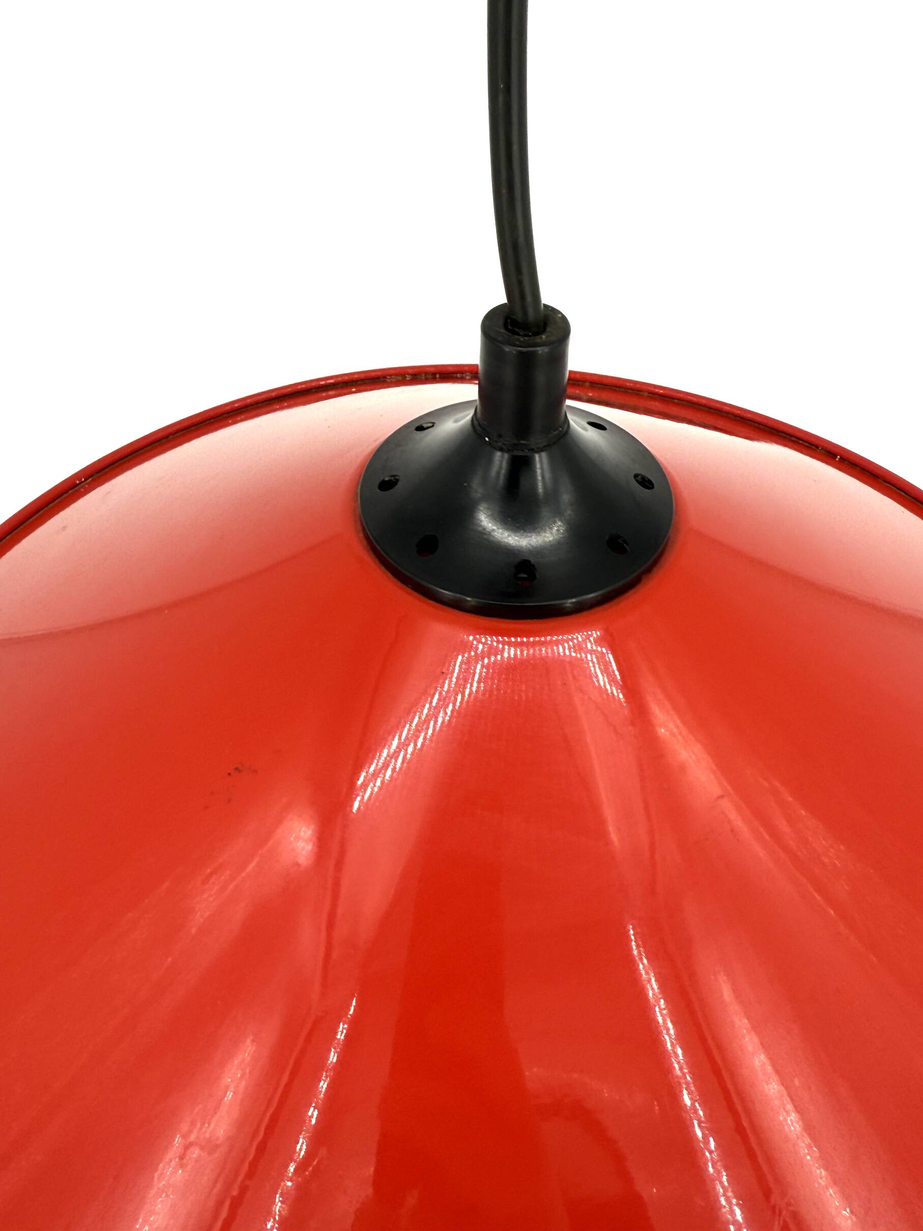 Red conical pendant light in enamelled metal