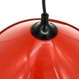 Red conical pendant light in enamelled metal