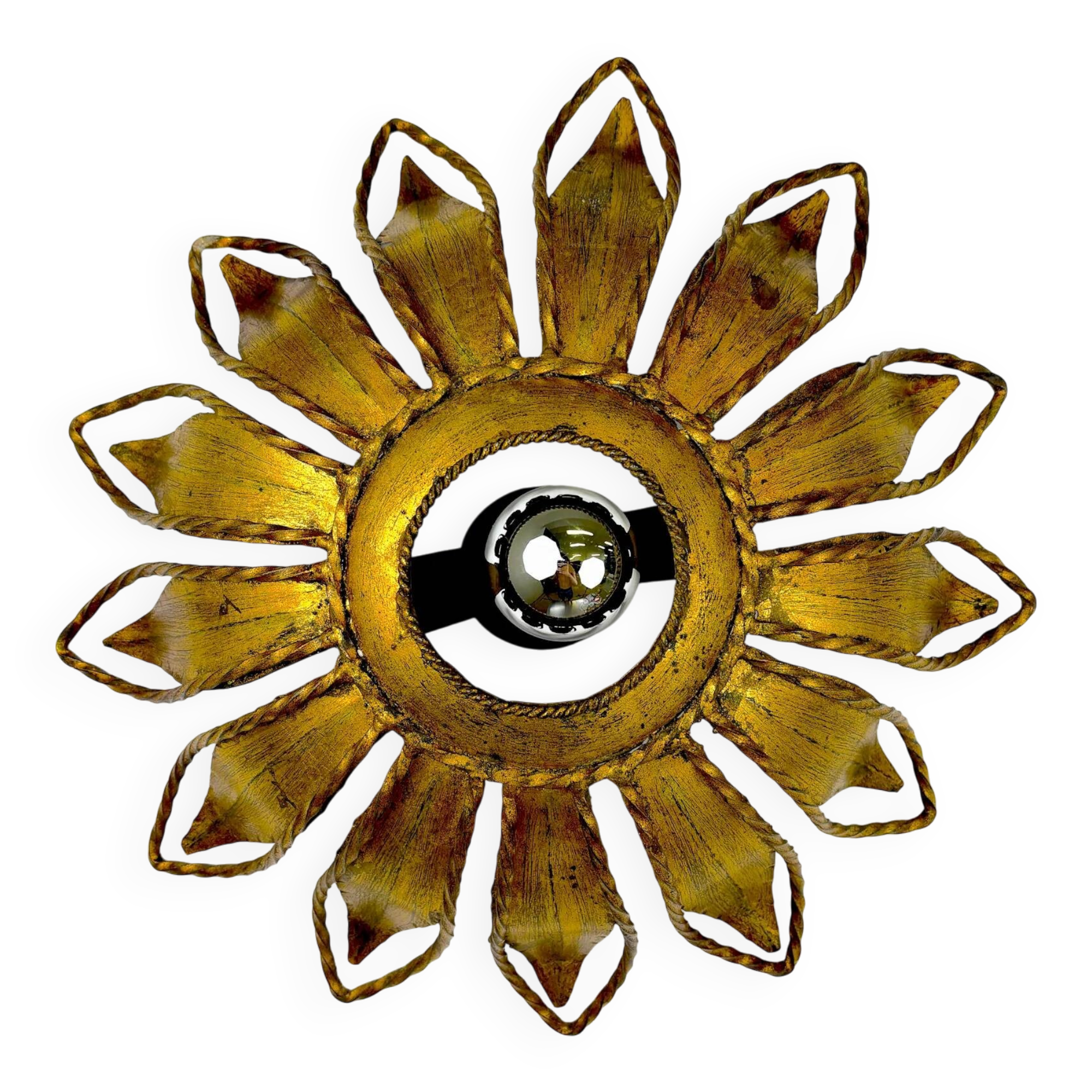 Spanish sunburst ceiling light fixture or sconce in gilt iron, circa 1960