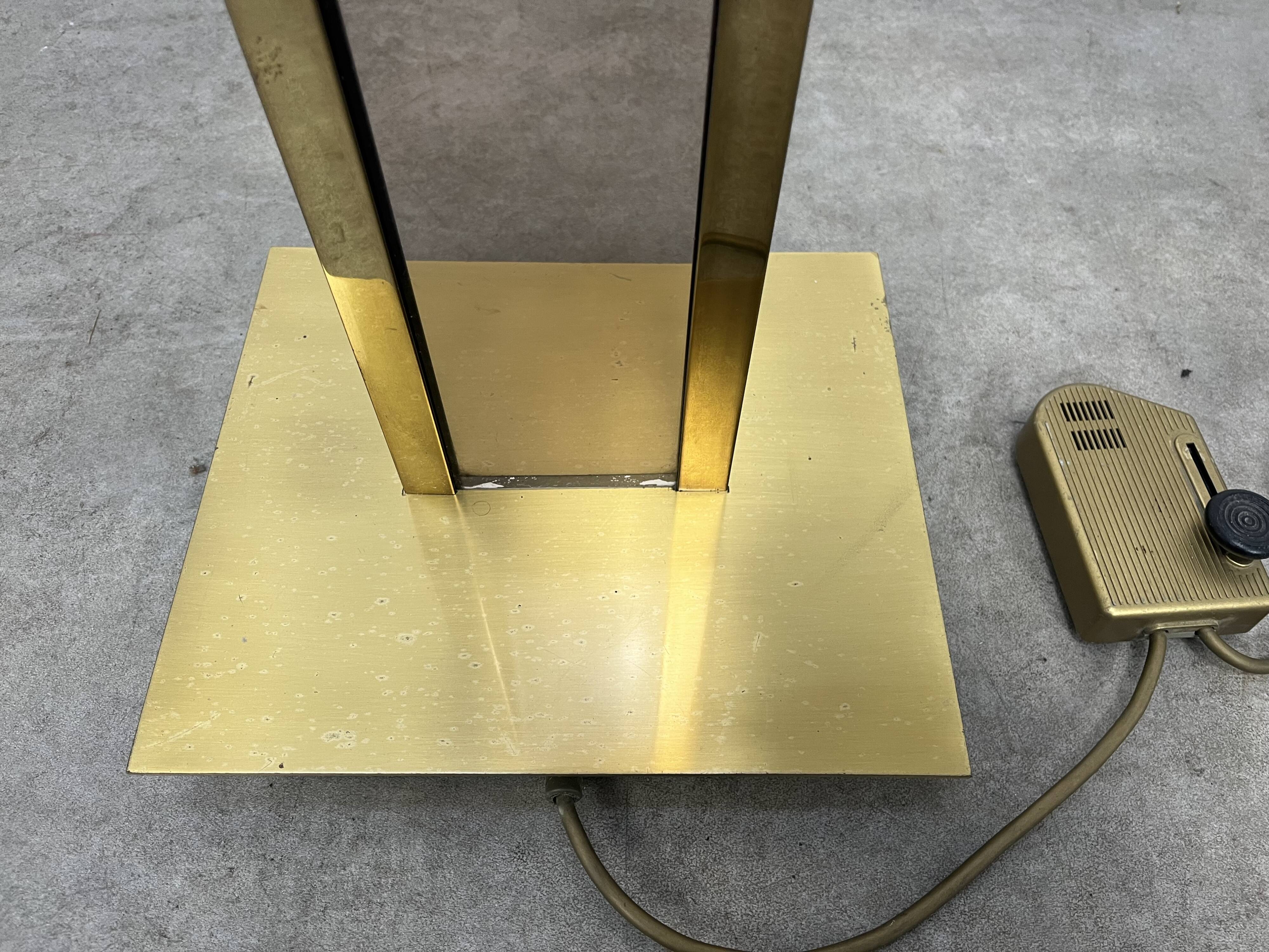 70s floor lamp in brass and smoked plexiglass, Hollywood Regency