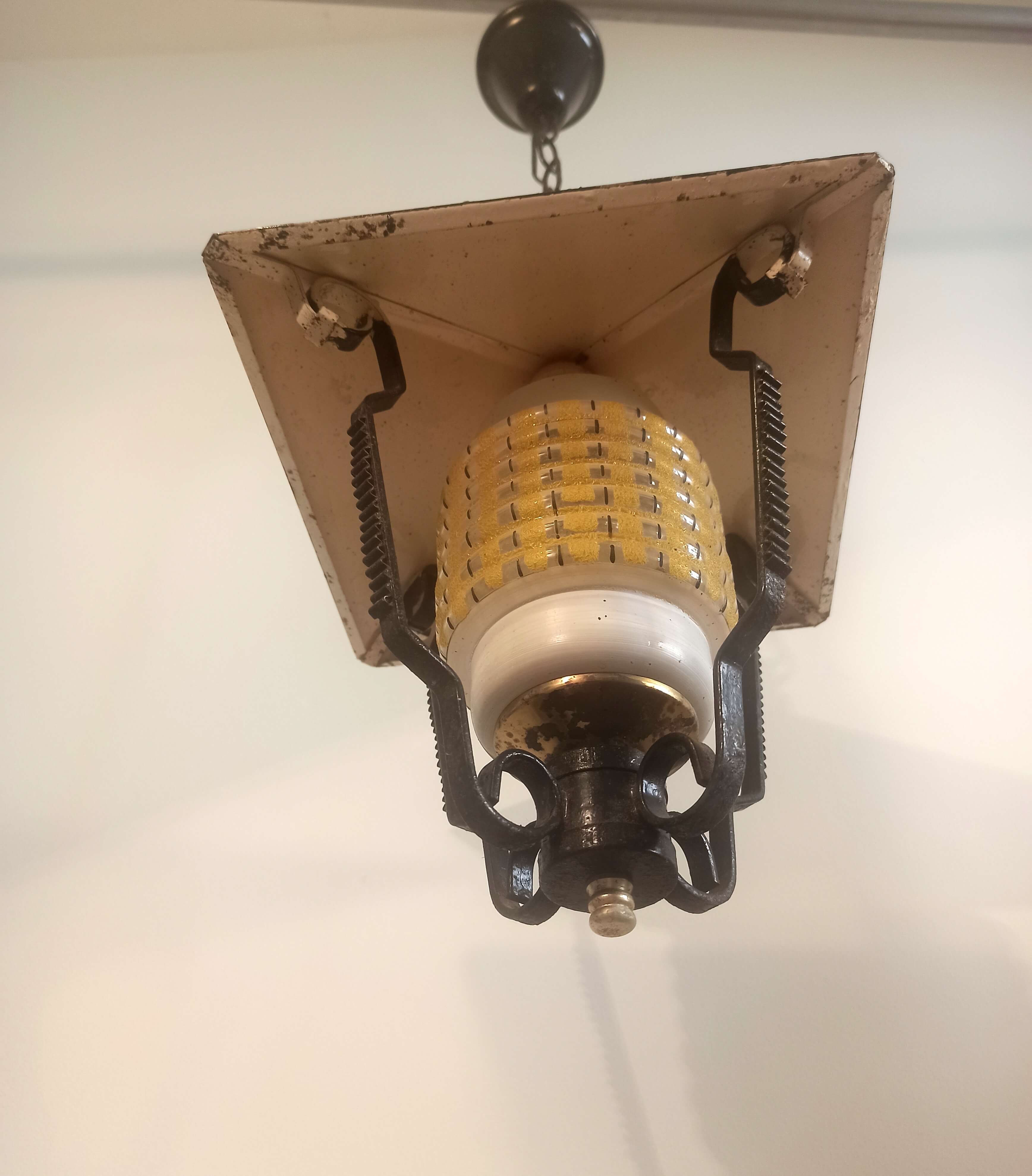 Vintage outdoor pendant light in yellow molded glass and black metal