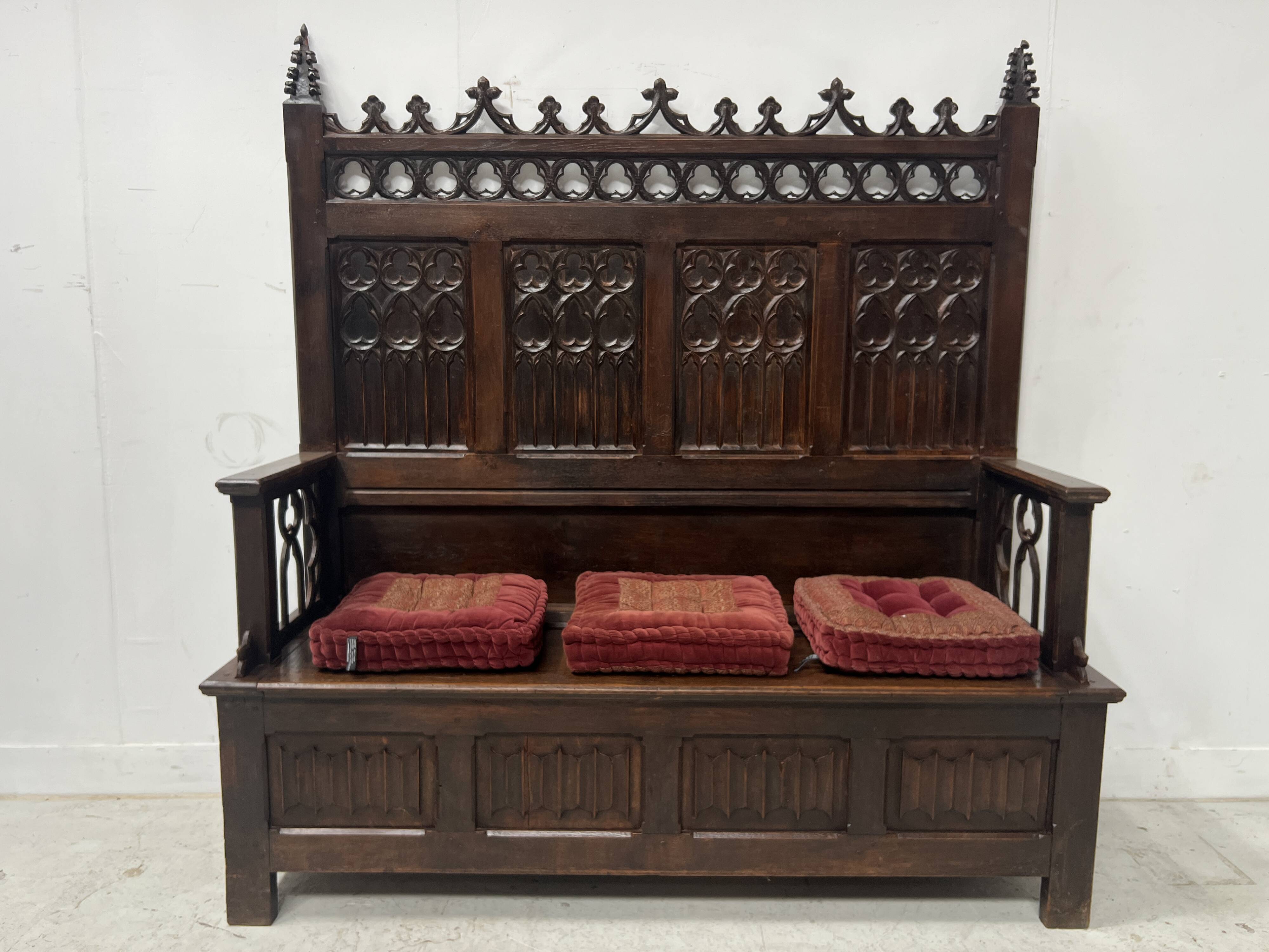 Gothic style carved oak chest bench, 19th century