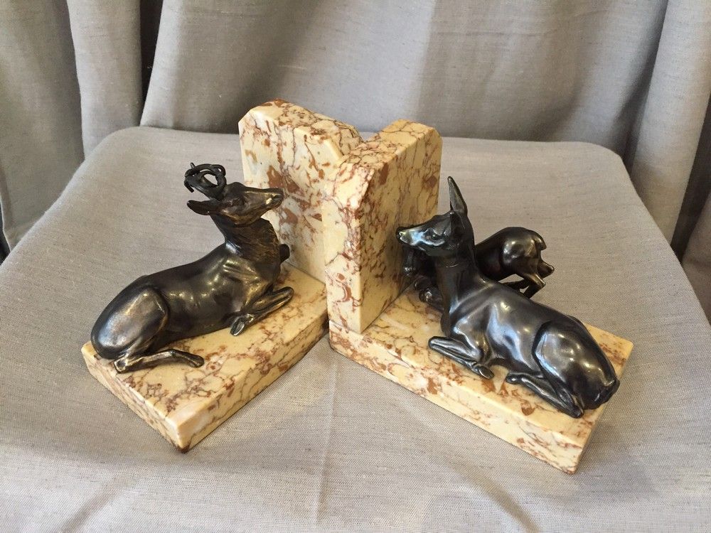 Pair of marble bookends and ruler representing a deer with his mother and a deer