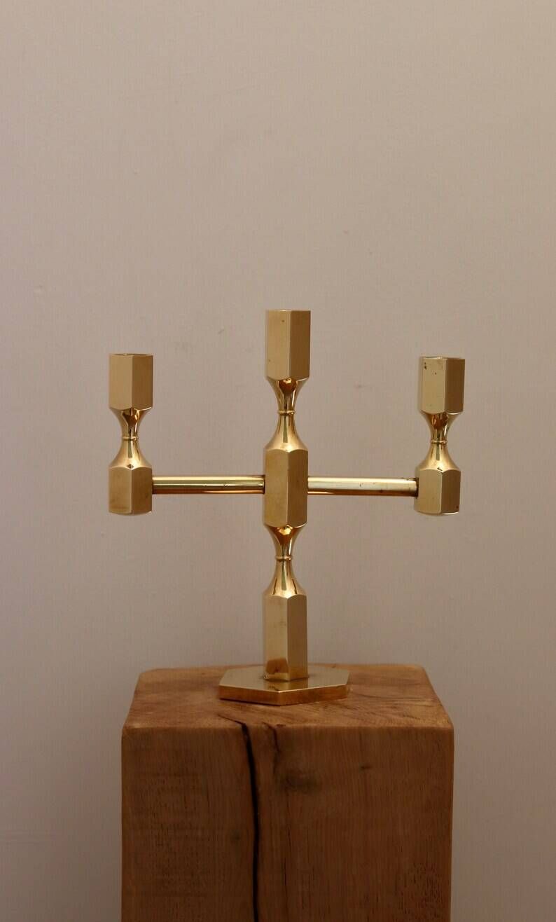 Vintage Swedish Three-Arm Brass Candleholder by Gusum, circa 1974