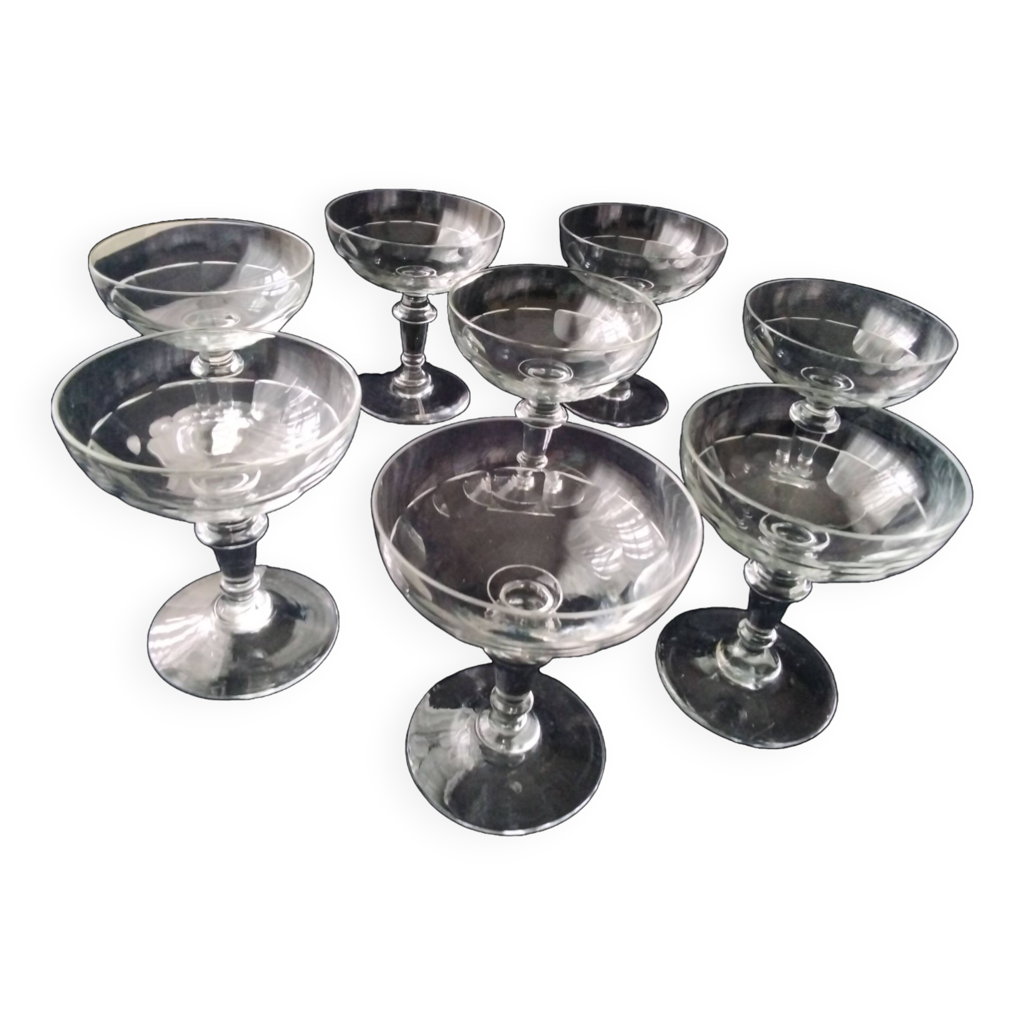 8 old glass champagne glasses