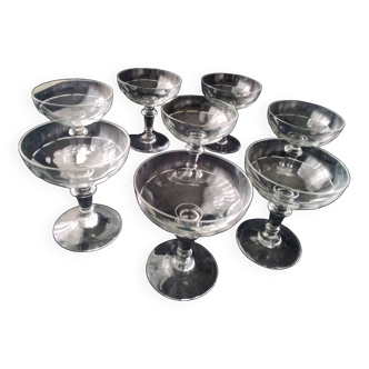 8 old glass champagne glasses