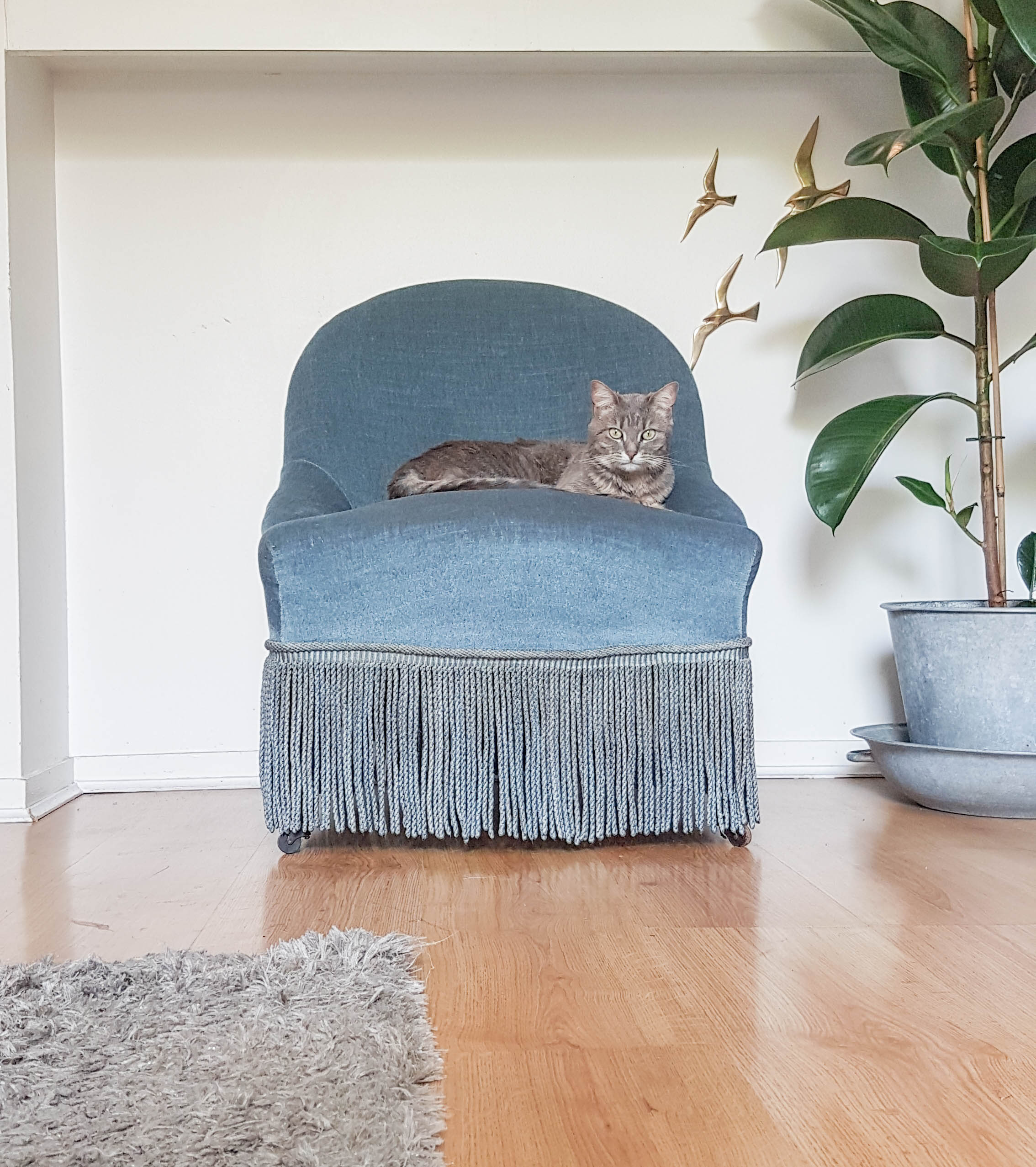 Fauteuil crapaud vintage velours bleu années 70