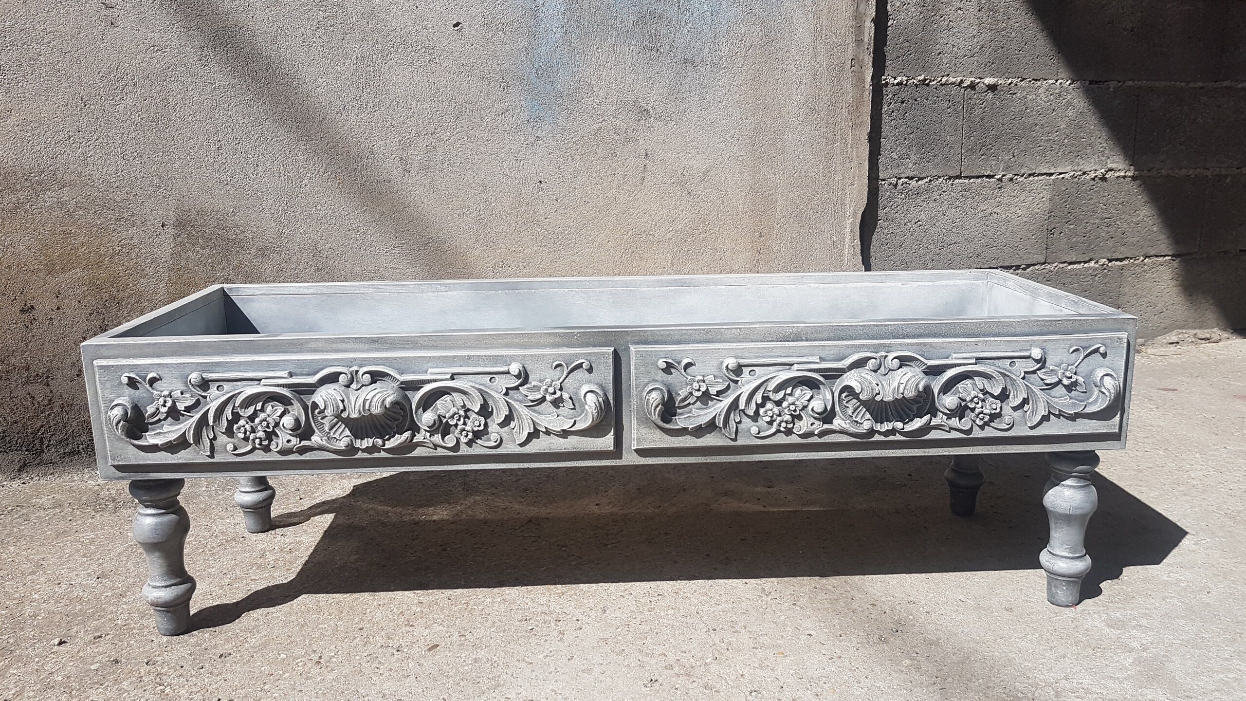 Large baroque style interior planter in gray patinated wood