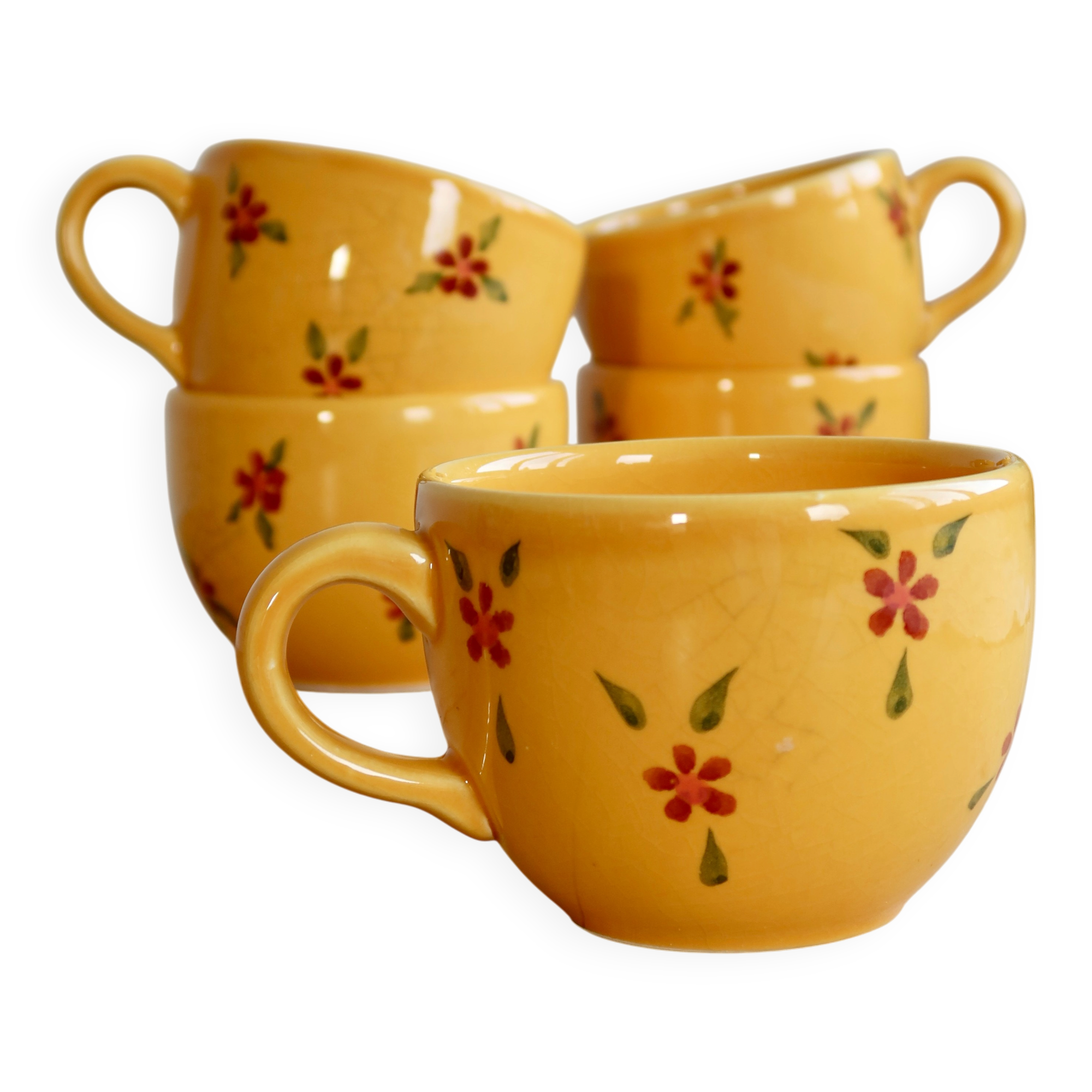 Large vintage ceramic mug in yellow with hand-painted flowers.