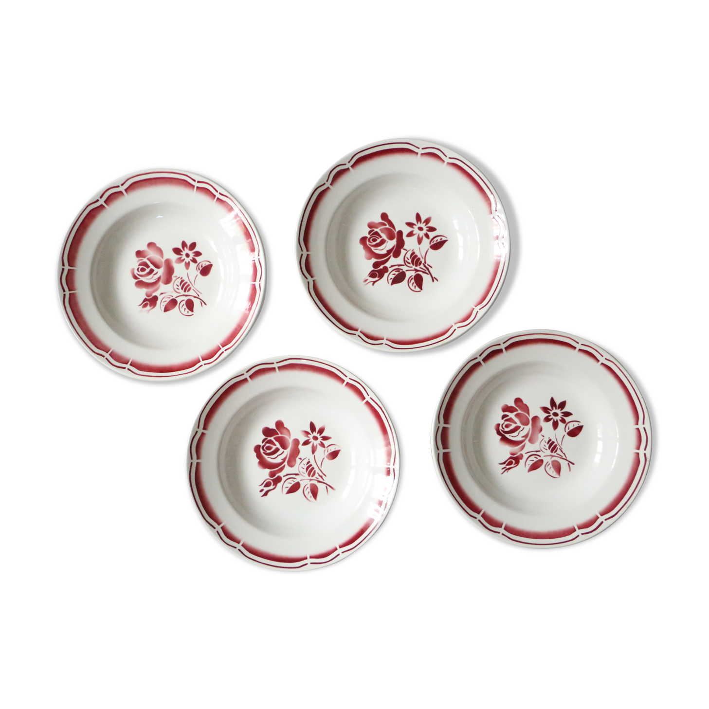 Set of 4 hollow plates Badonviller, red, vintage French, authentic, rare, countryside