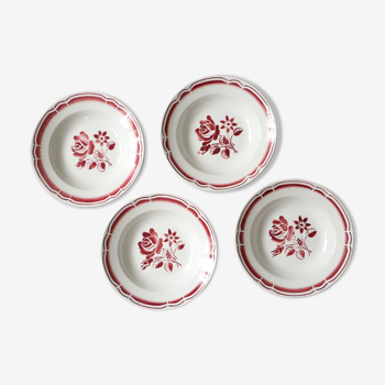 Set of 4 hollow plates Badonviller, red, vintage French, authentic, rare, countryside