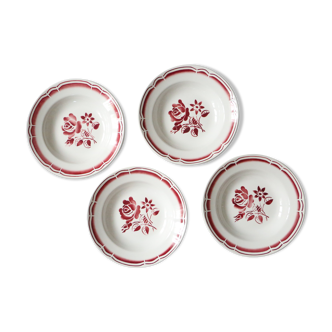 Set de 4 assiettes creuses Badonviller rouge vintage français, authentique, rare, campagne