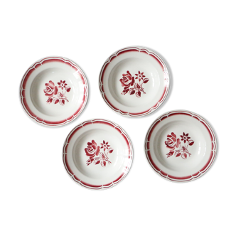 Set of 4 hollow plates Badonviller, red, vintage French, authentic, rare, countryside
