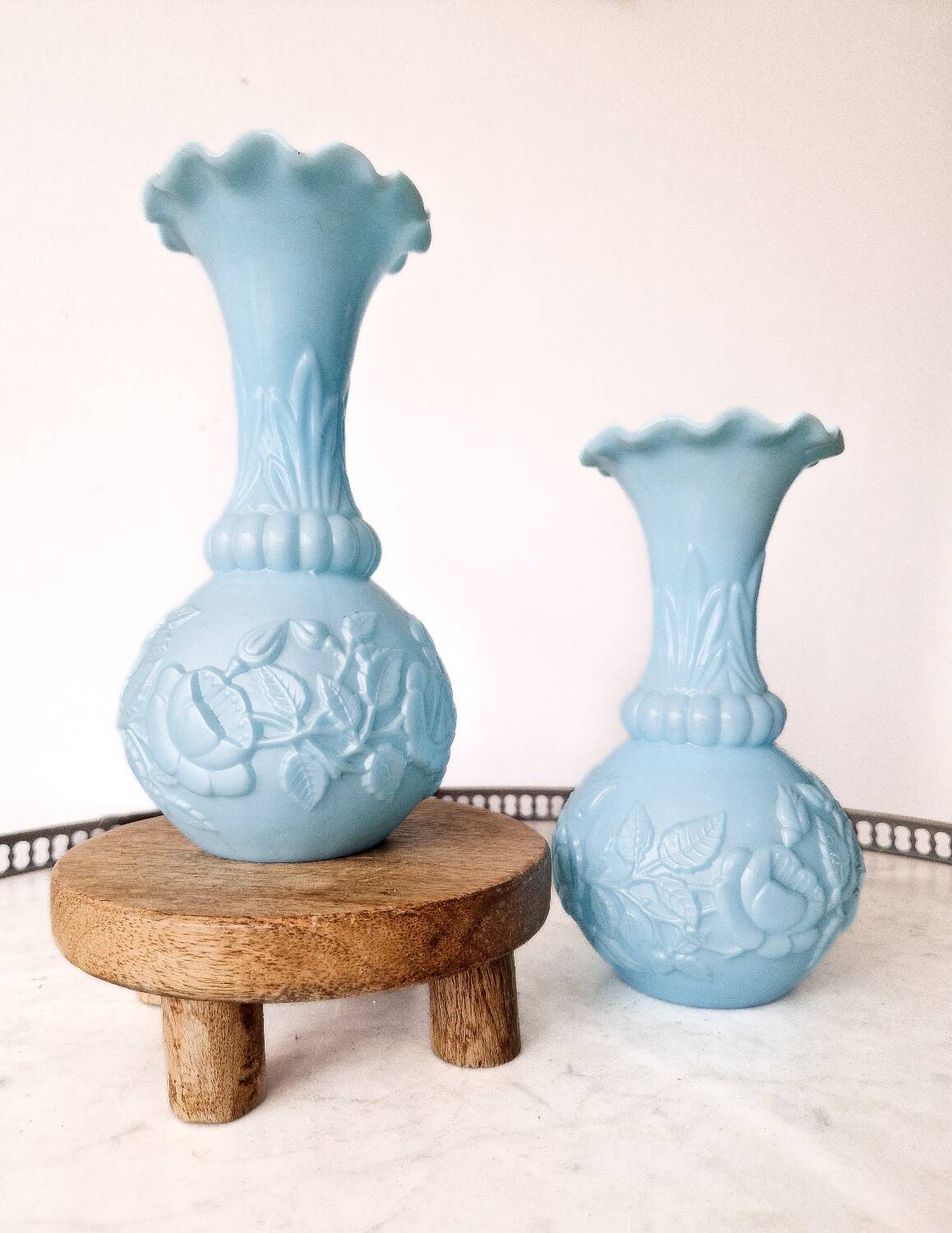 Pair of blue opaline vases from Vallérysthal Portieux decorated with roses