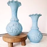 Pair of blue opaline vases from Vallérysthal Portieux decorated with roses
