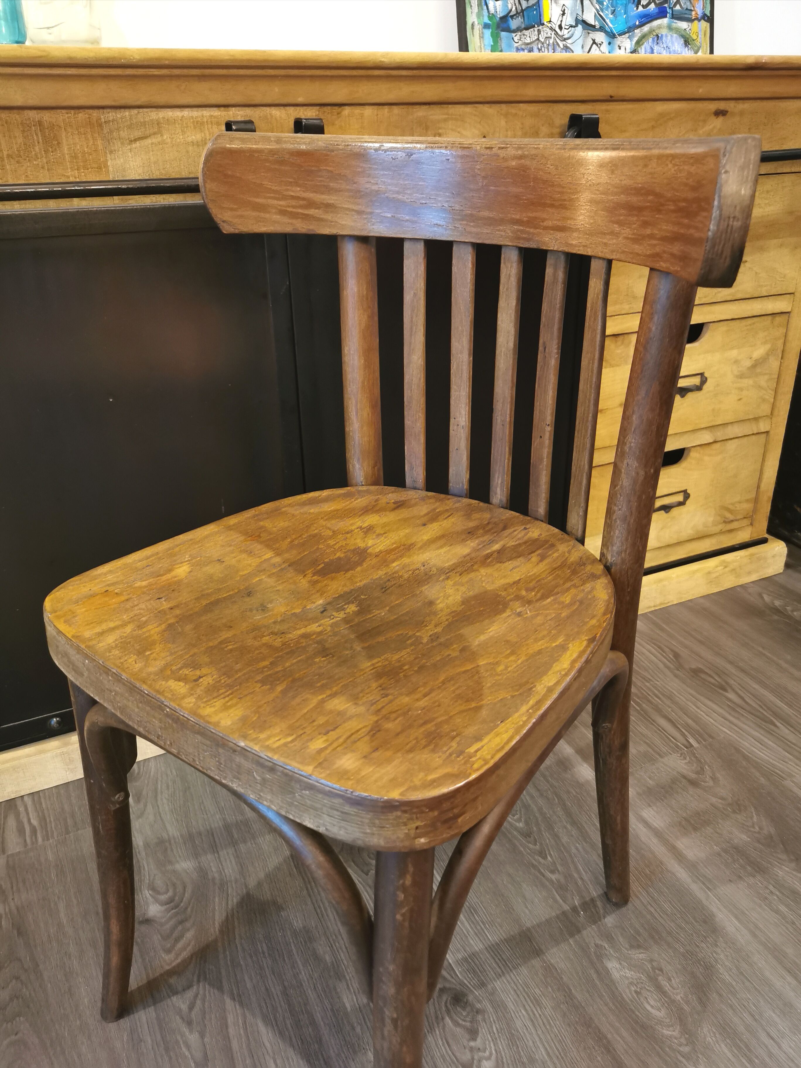 Series of 6 mismatched bistro chairs Baumann and Mahieu