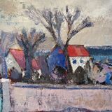 Tableau ancien, paysage urbain, années 70