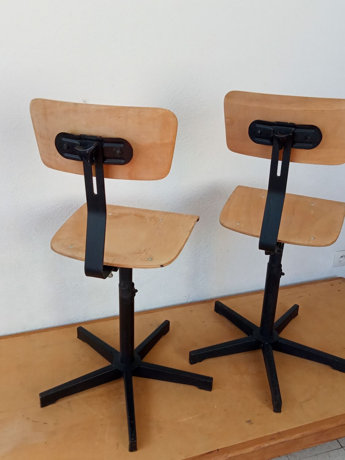 Pair of high workshop bar chairs