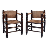 Pair of turned wood and straw armchairs, 1950s.