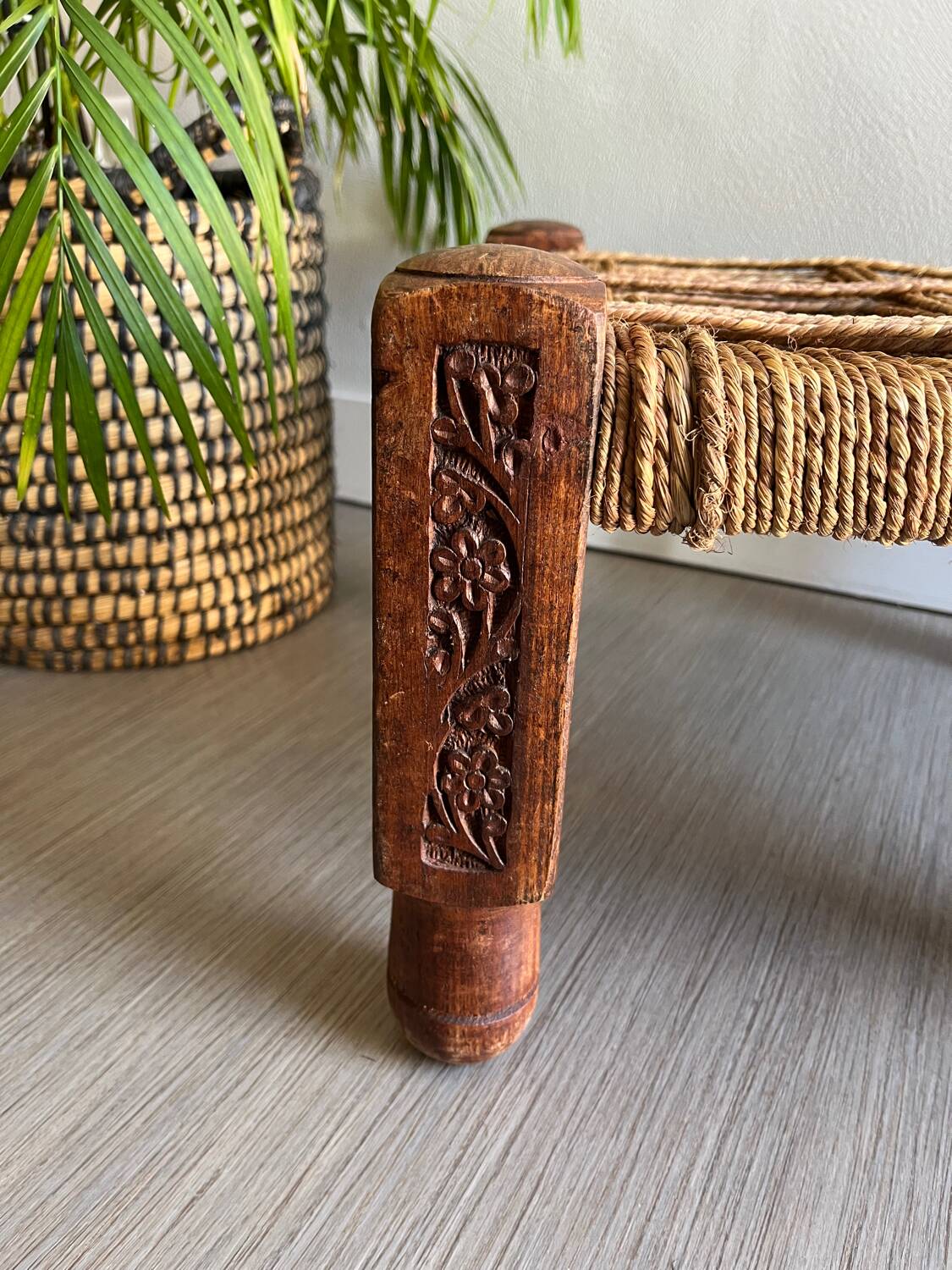 Charpoy stool in wood and rope