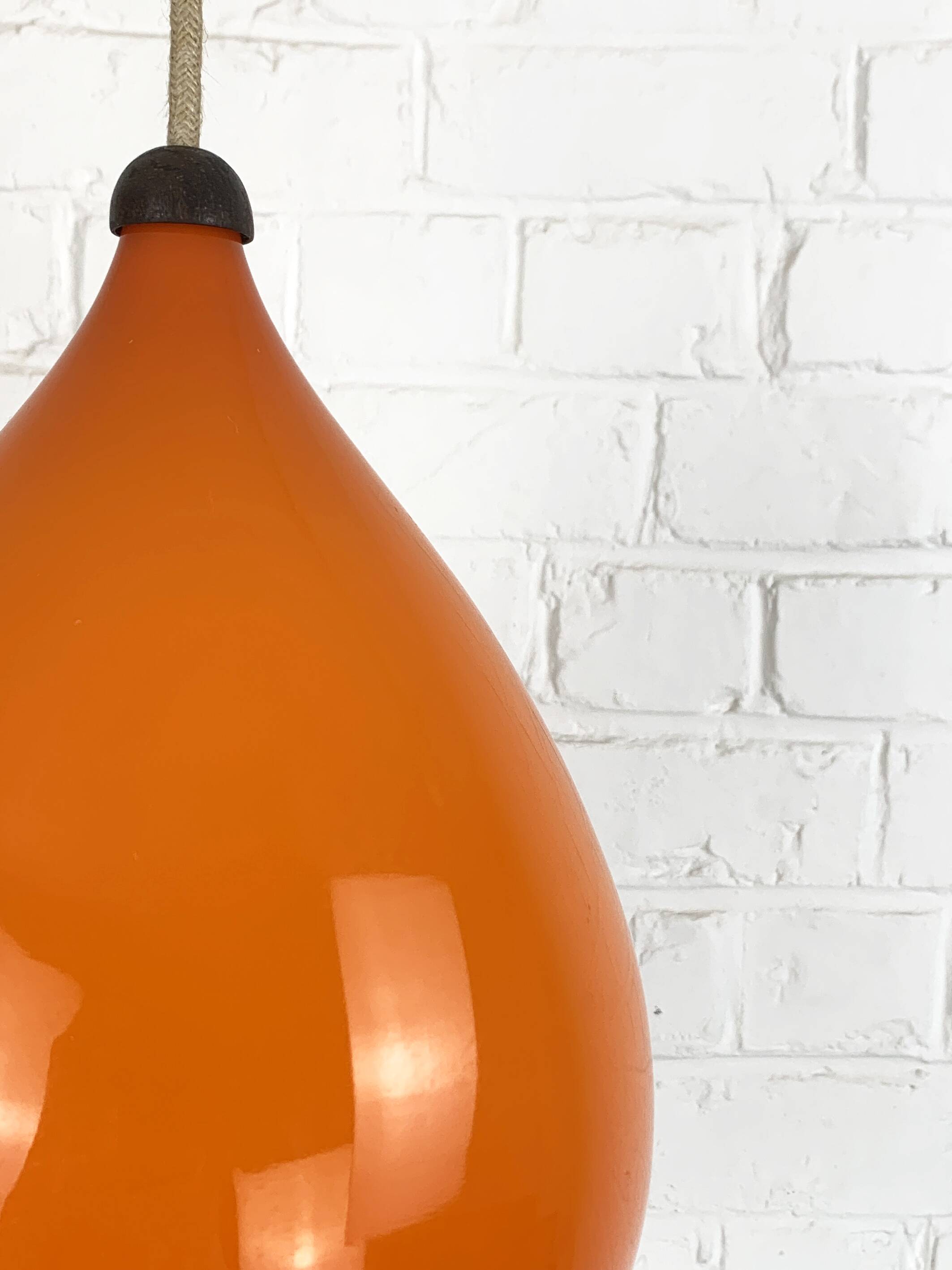 Scandinavian drop pendant light in orange, opaline and teak glass, 1960