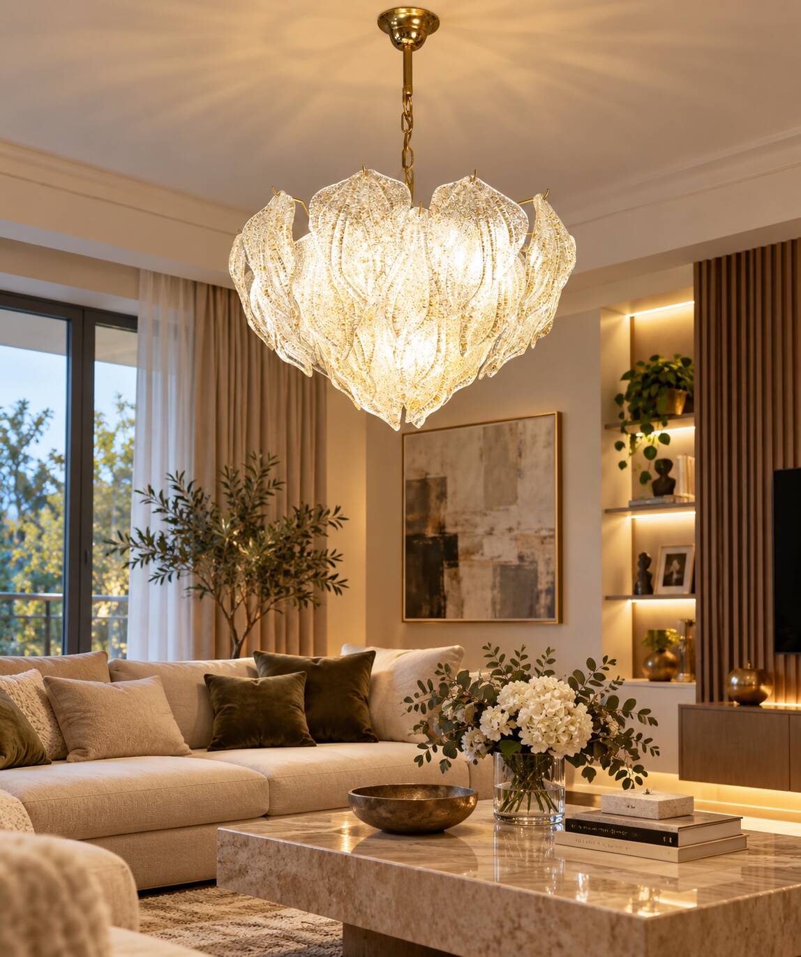 Amazing Large Murano Glass Gold Leaves Chandelier