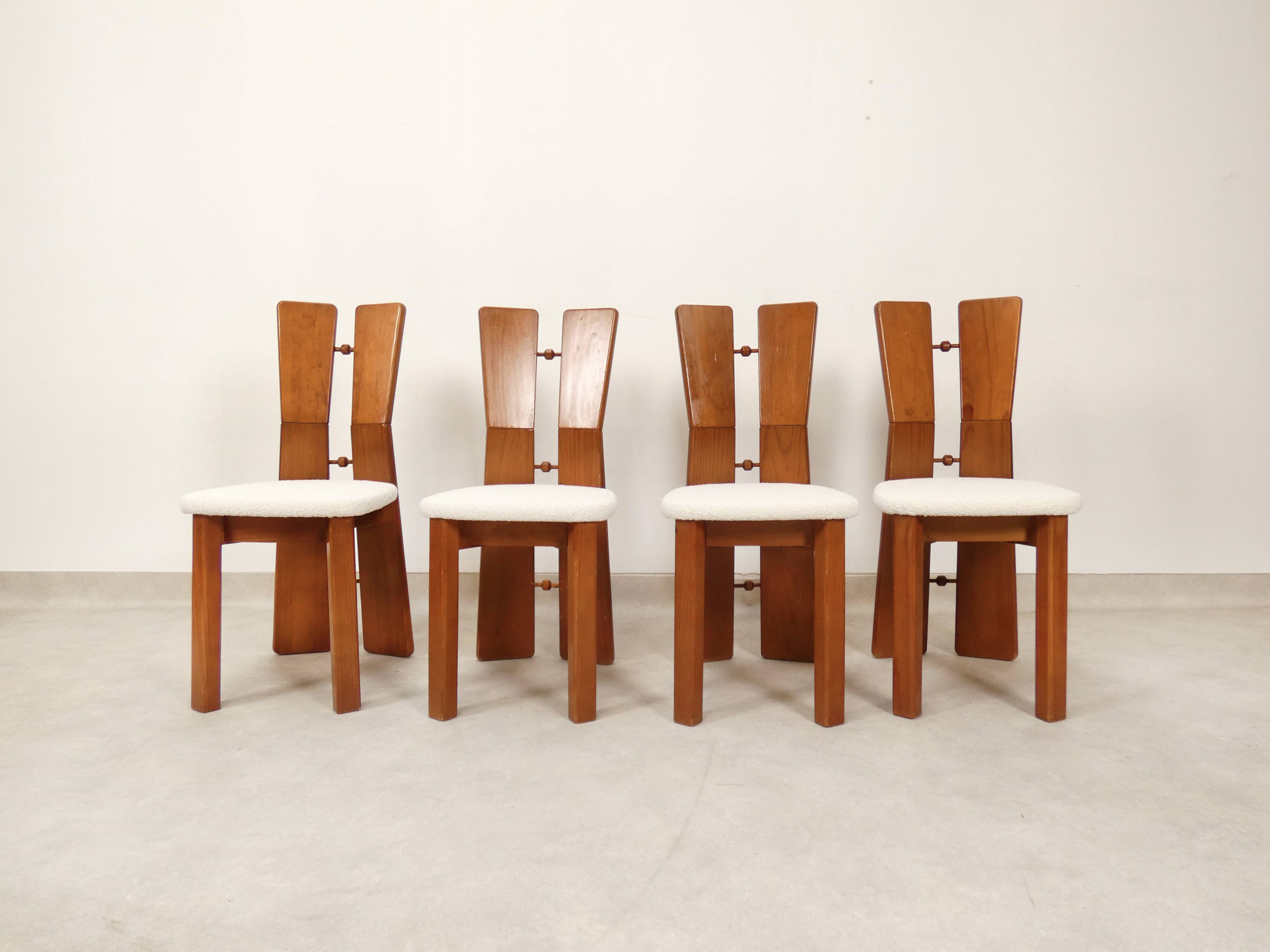 70's brutalist dining chairs in oak with bouclé fabric